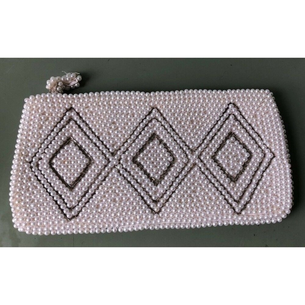 Vintage Clutch Beaded Art Deco Faux Pearl Evening Bag Handbag Made in Japan - Picture 1 of 7